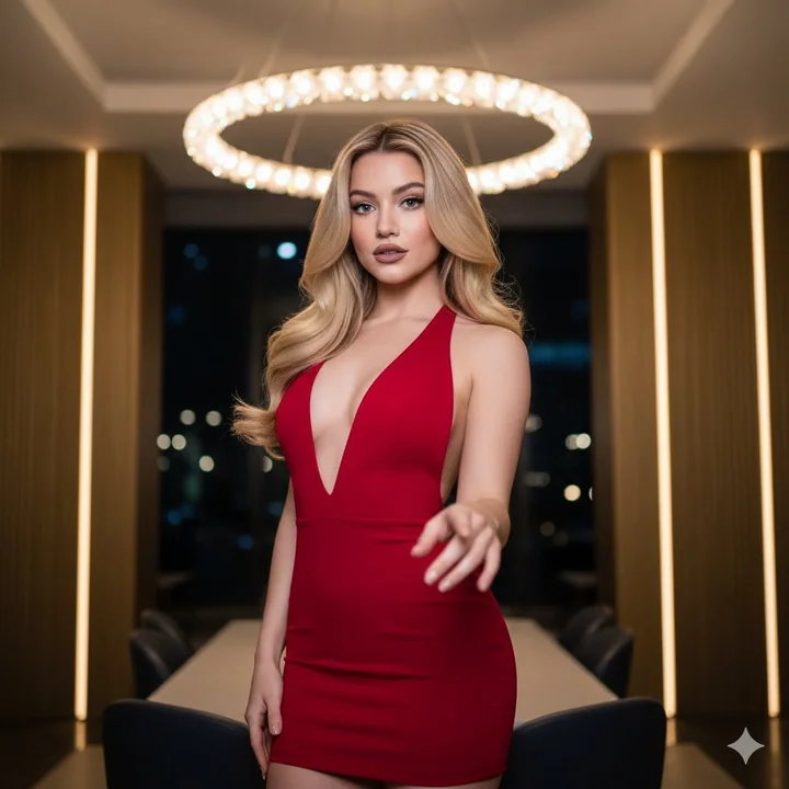 فتاة ذهبية بفروة رأس ذهبية ترتدي فستانًا أحمر جذاب في لقطة ليلية فاخرة