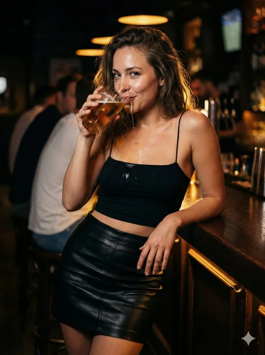 البار之夜، فتاة مُخمورَة، كأس الخمور ينساب على كتفها