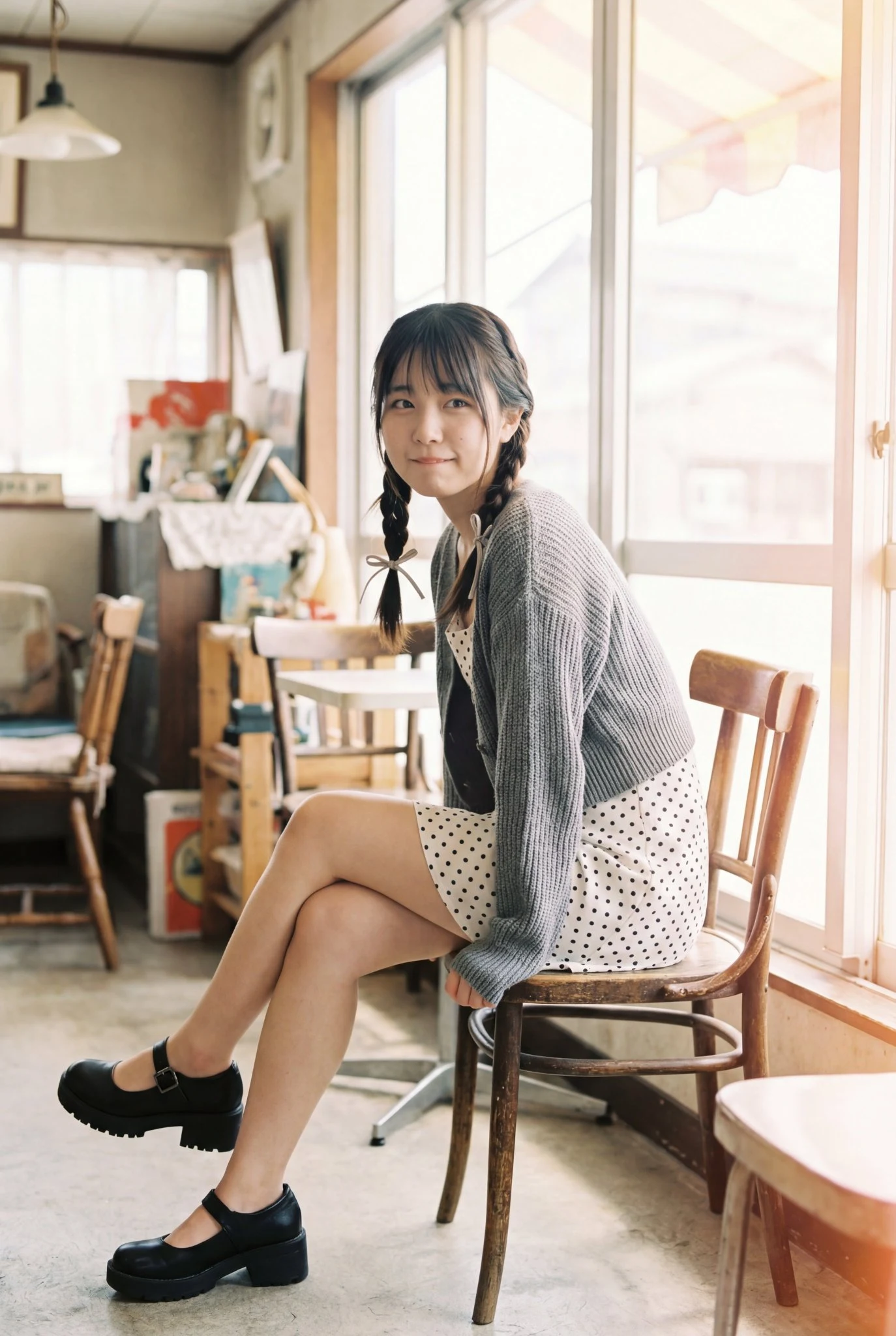 امرأة في مقهى رجعي مضاء بالشمس