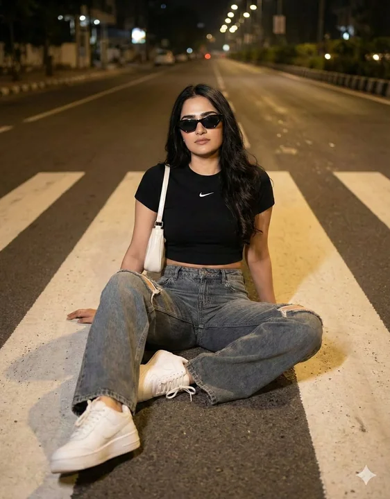 夜晚斑马线上的酷飒街头少女