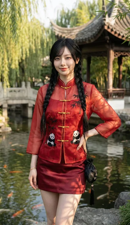 A stunning girl in an organza qipao in the lush garden