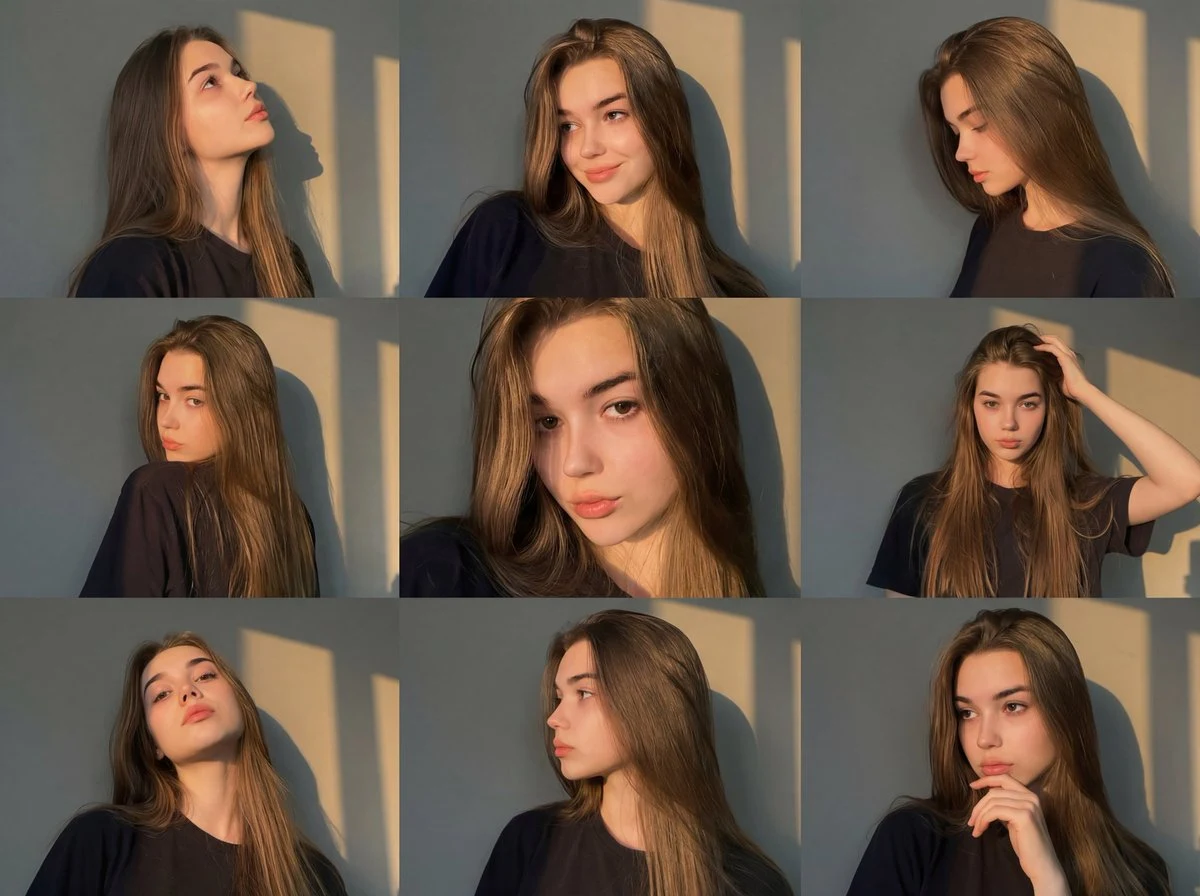 Золотое время, тени в окне, портрет в сетке 9 квадратов