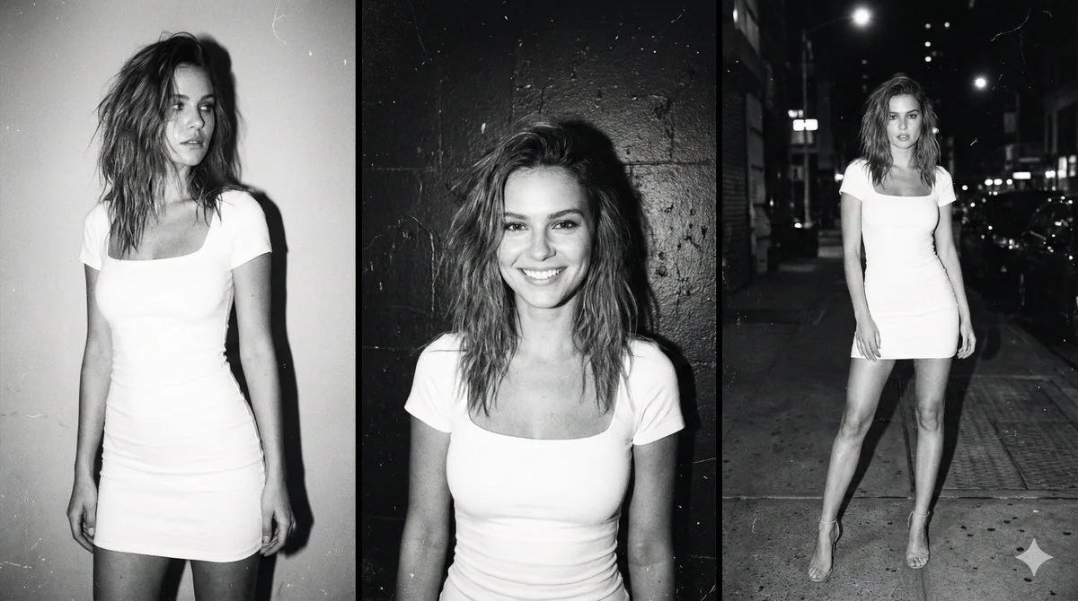 黑白胶片三联画：白裙魅影