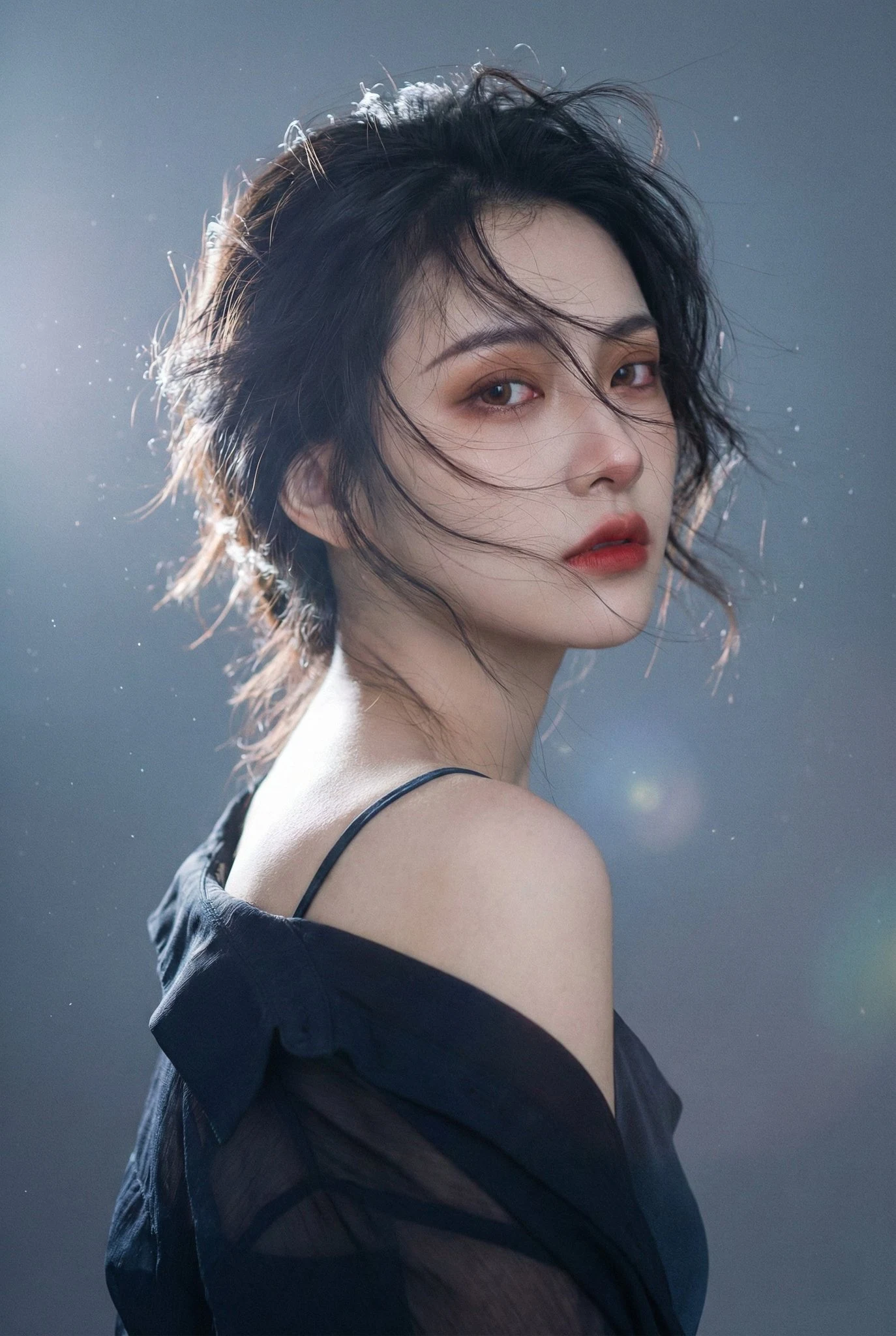 風が青絲をかすめ、眸に孤独の影を映し出すように写真に収められた。