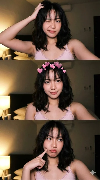 粉色吊带少女的俏皮三连拍