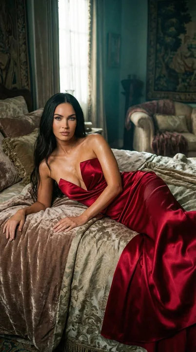 Роскошный кинематографический образ женщины, лежащей на кровати в красном платье, с ленивым видом