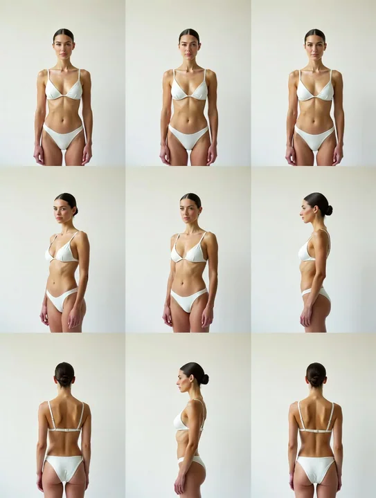 ミニマルな白いスタジオでのビキニモデルの九宮格写真