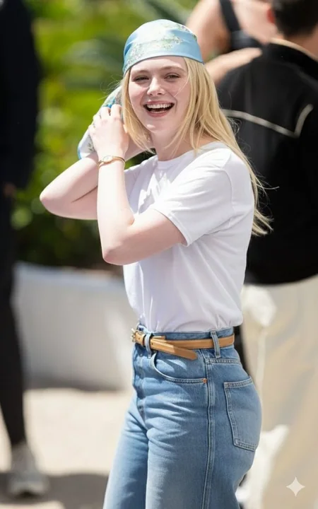 金发少女の灿烂な笑顔を陽光の下でストリートファッションで撮影