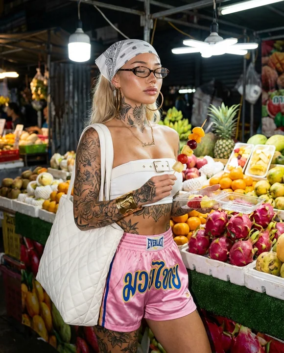 Fille de rue tatouée dans un marché nocturne tropicale animé
