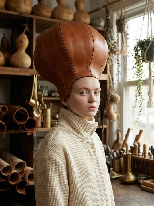Avant-garde fashion shoot with surreal leather headwear