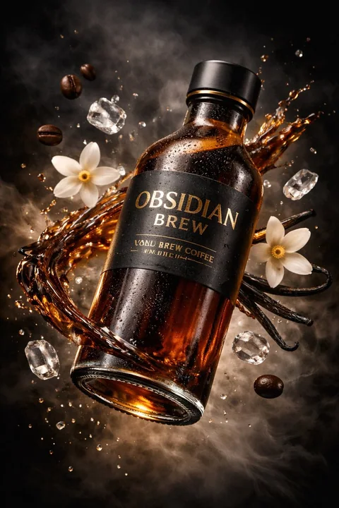 Фото с роскошным кадром бутылки с холодным эспрессо в вакууме