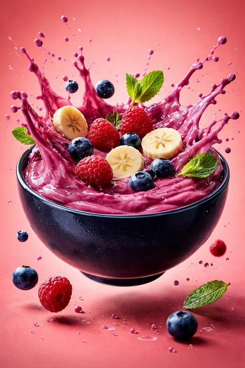 ベリーが飛び散るスസリューのフルーツミルクシェイクボウル