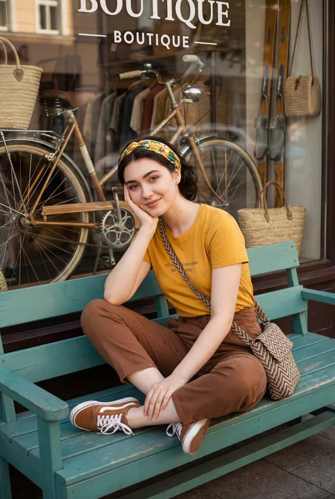 レトロなストリートの午後、マスタードイエローのガール