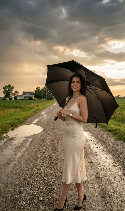 金髪の美女が暮雨の泥濘しい道を歩く