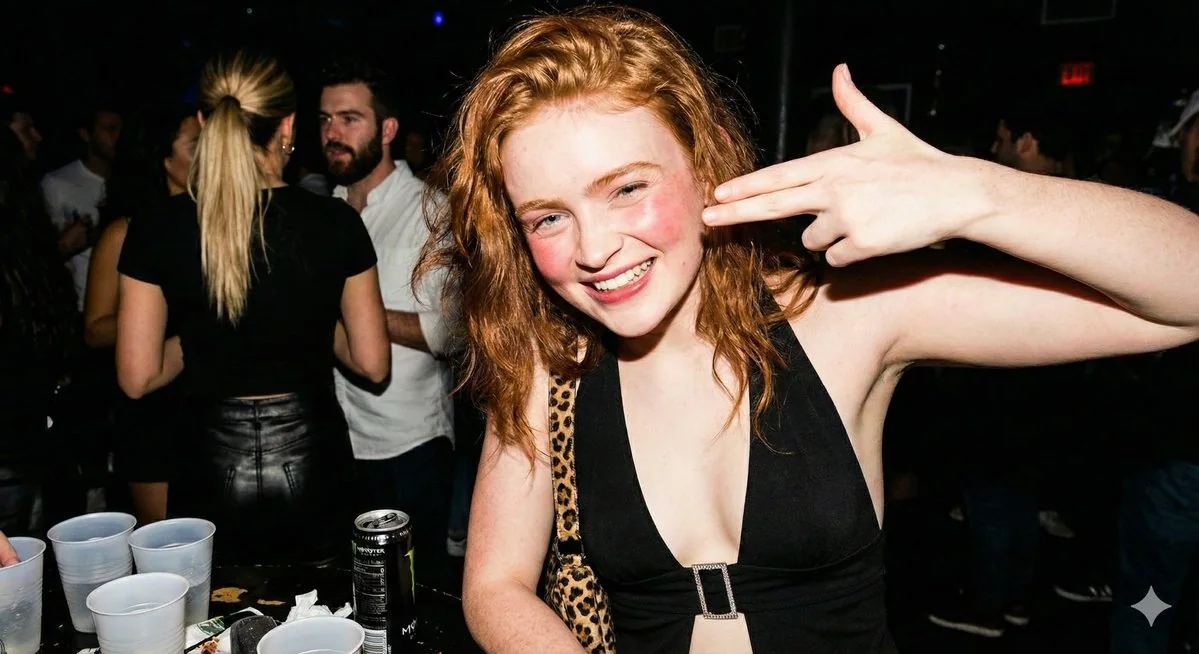 クラブで赤毛のセクシーな女の子がいたずらっぽく指で銃を構える