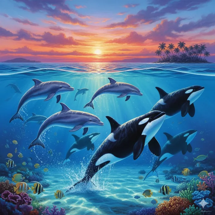 梦幻星海中的海豚与虎鲸