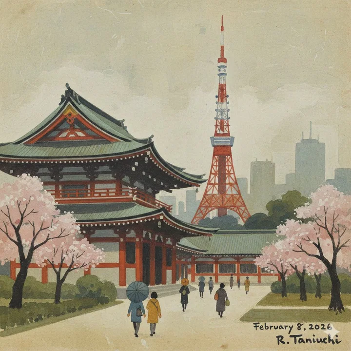 谷内六郎风格绘制的增上寺