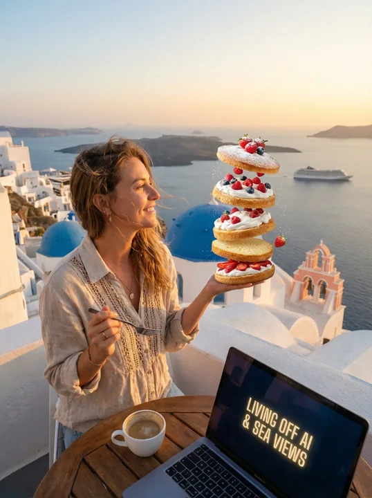 圣托里尼落日下的漂浮草莓蛋糕