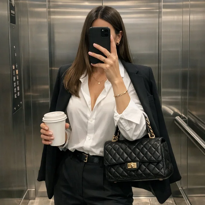 Old money mirror selfies in a luxurious elevator