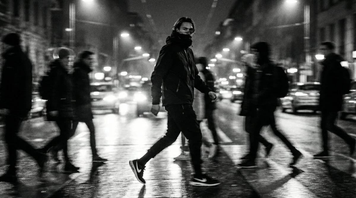 雨夜街头动态模糊黑白时尚大片