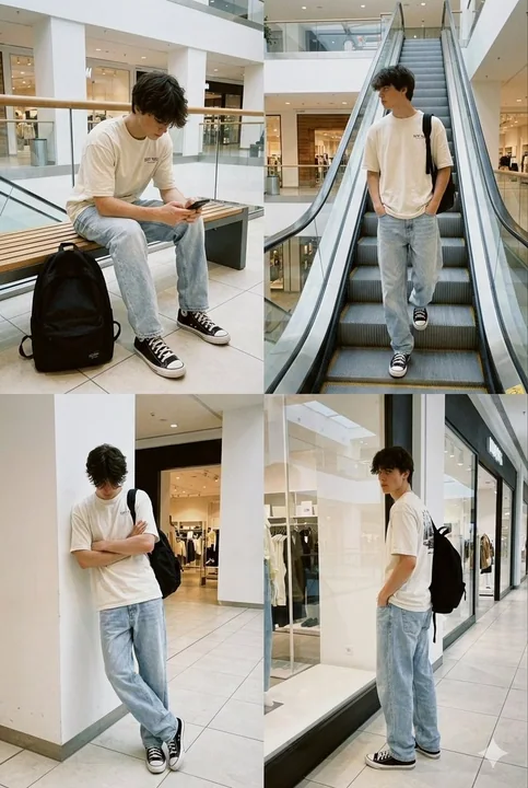 商场扶梯旁疲惫发呆的Z世代少年