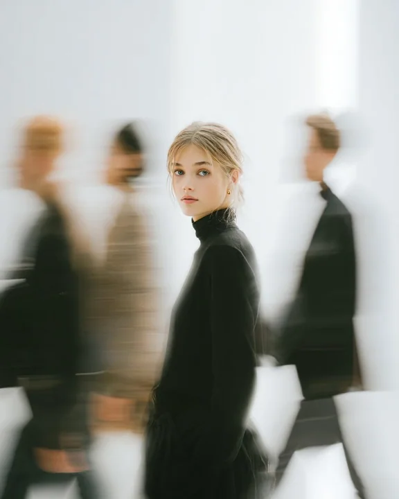 Minimalist black-clad woman freezes in the midst of a bustling crowd.
