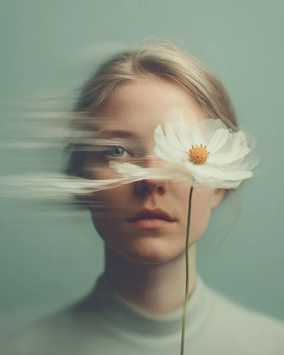 灰緑の花影の中の夢幻的な少女の肖像