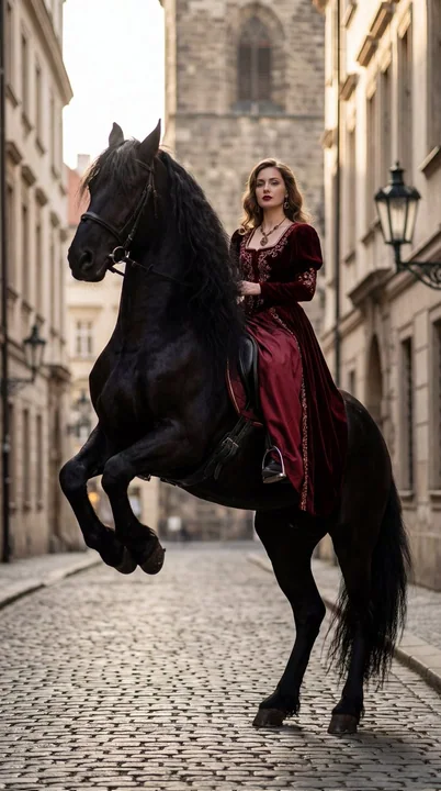 暗红华服贵妇策马复古街头