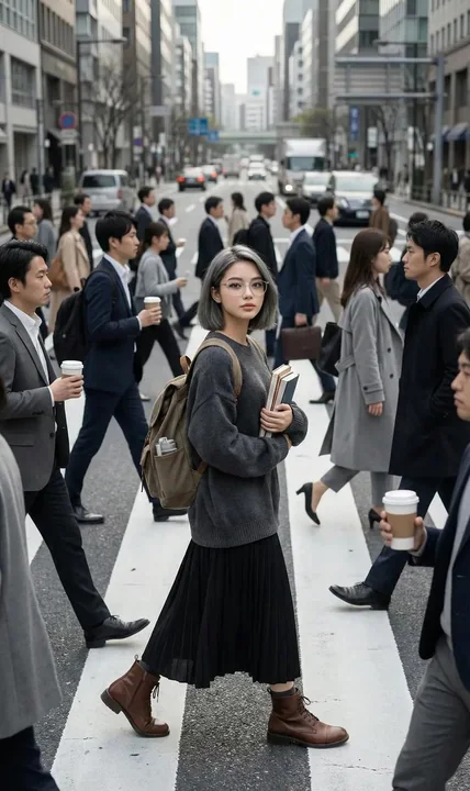 الفتاة الثابتة في الشارع المزدحم