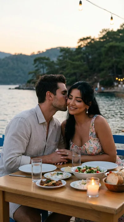 落日余晖下的海滨浪漫轻吻