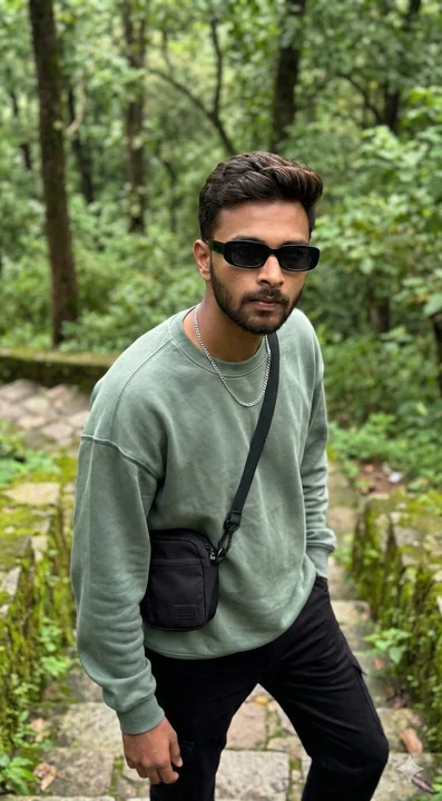 Модель-мужчина с расслабленным видом на мховых ступенях