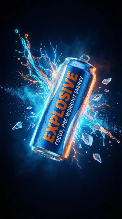 霓虹冰瀑环绕的能量饮料罐