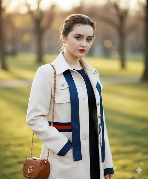 Blue eyes, red lips, windbreaker woman's top magazine spread