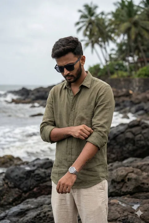 电影感岩石海岸极简男装肖像