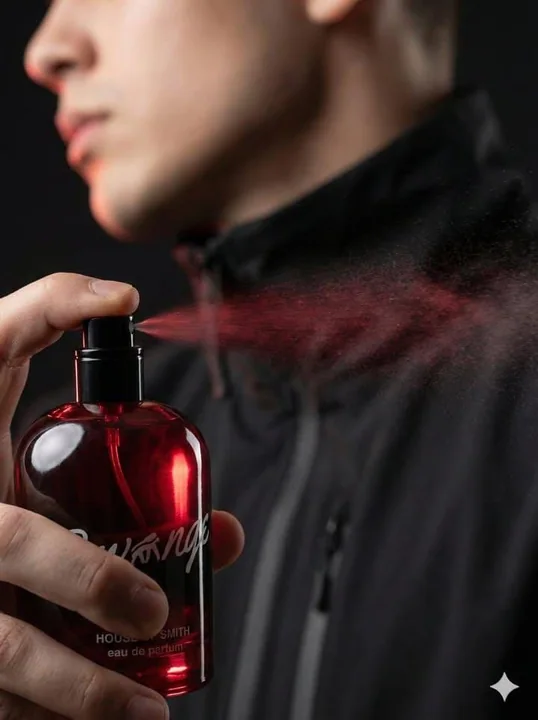 潮男手持红色香水的商业大片