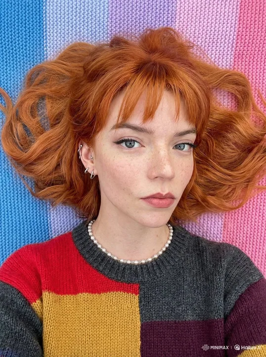 彩虹针织毯上的红发雀斑少女