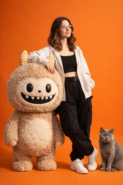 Z世代少女与拉布布的橙调时尚大片