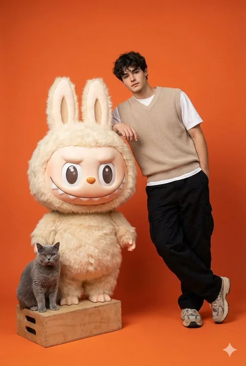 オレンジのスタジオで、ファッションモデルが巨大なカプセルトイに寄りかかるポスター写真