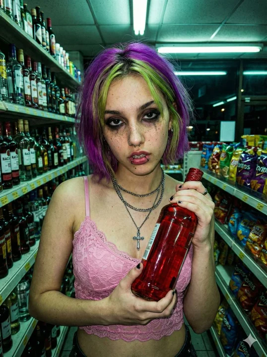 深夜コンビニの危険なパンク少女