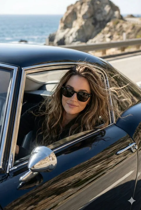 墨镜女郎在悬崖海岸线上疾驰