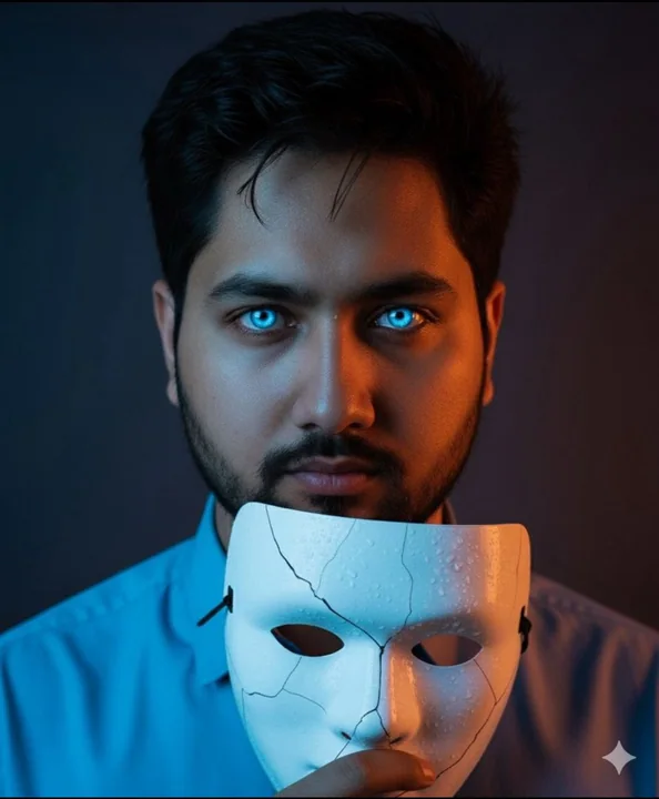Boy with a cracked mask where water droplets slide down
