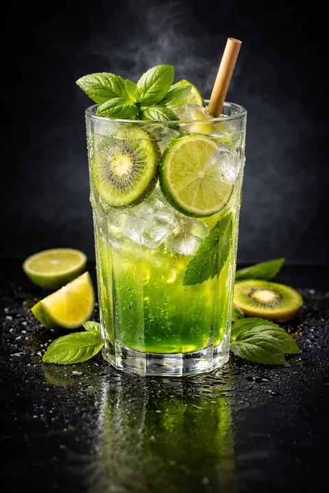 Close-up d'un verre de boisson aux myrtilles et menthe dans un studio photo haut de gamme