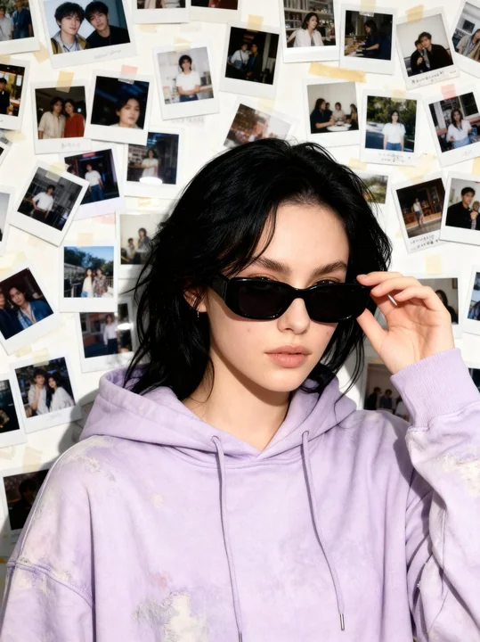 Девушка в пурпурном худи на фоне ретро-пленки 90-х годов