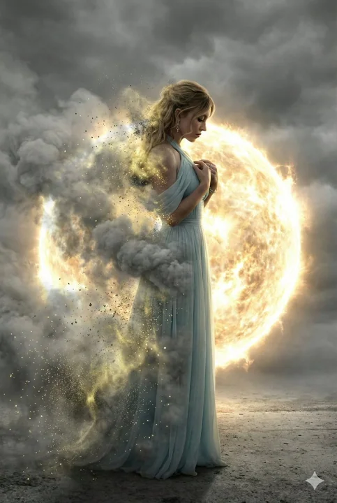 The sorrowful silhouette of ash transformed under the golden energy sphere.