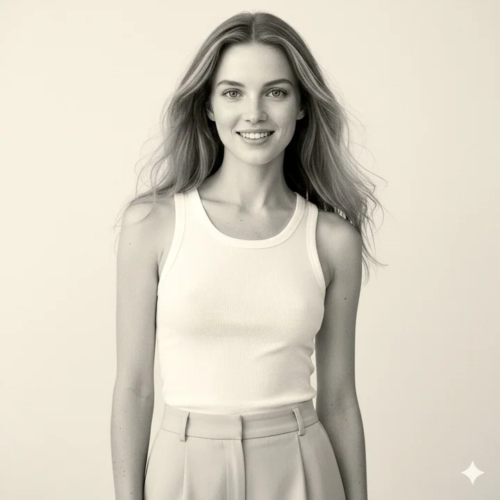 影棚黑白写真：少女迷人微笑