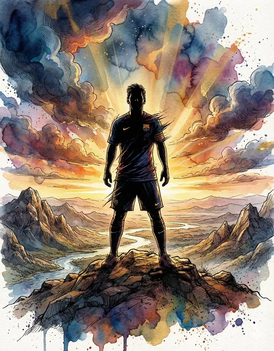 Epic Ink Wash Poster of a Lone Figure on a Mountain Peak