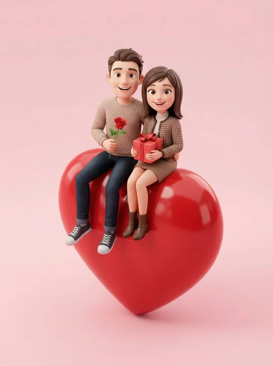 Сладкая романтичная пара на огромном красном сердце