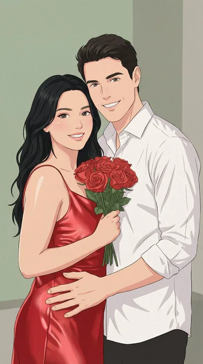 رسمة كرتونية لزوجين يرتديان فستانًا أحمر مصنوعًا من الحرير مع ورود