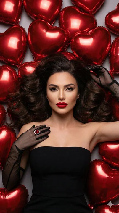 红心气球簇拥的超写实魅惑女郎