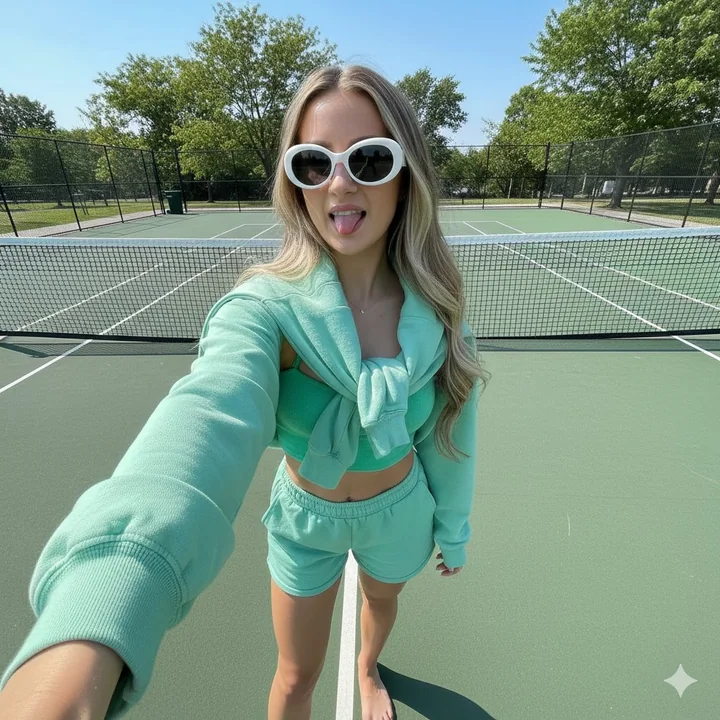 网球场薄荷绿少女俏皮自拍